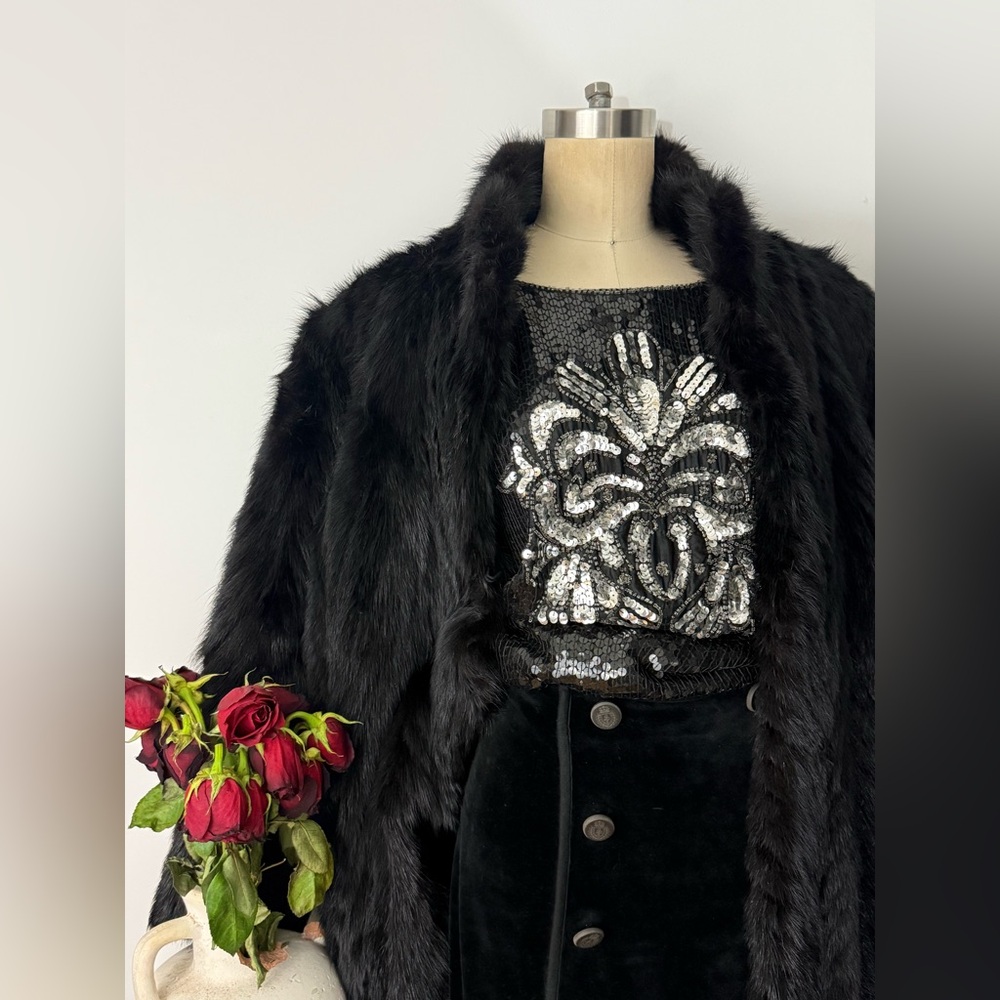 Vintage Silk Black Silver Sequin embellished Floral Beaded Holiday Blouse Top